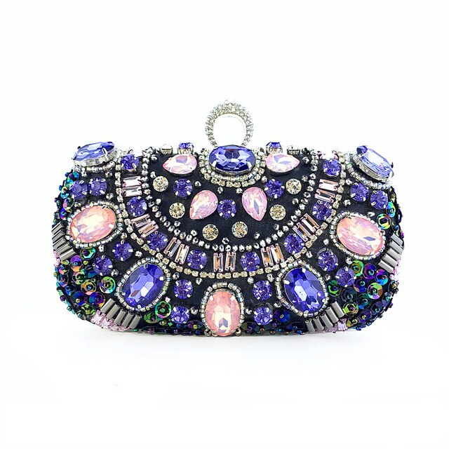 Ekskluzywna torebka wieczorowa z fioletowymi kryształkami i uchwytem na ramię, idealna na ślub i wieczór - Wianko - 1