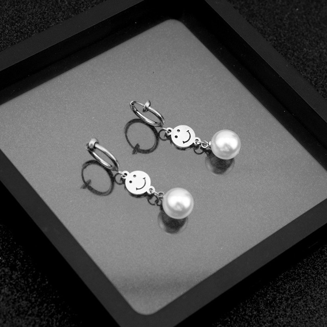Kolczyki unisex ze stali nierdzewnej z perłą i minimalistycznym wyrazem twarzy - para 2021 - Wianko - 4