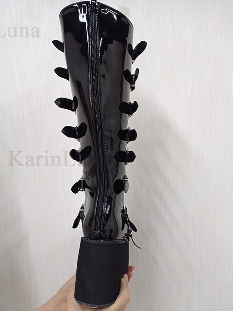 Kozaki damskie gotycki styl INS Hot z klamrami i wysokimi obcasami - czarne, Plus rozmiar 50 - Wianko - 30