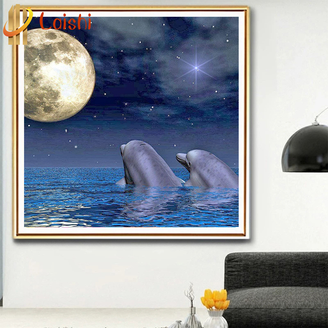 Diamentowy obraz 5D DIY zwierząt - delfin, księżycowa mozaika malarstwo pełnego koła - Wianko - 4