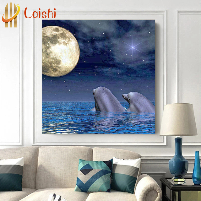 Diamentowy obraz 5D DIY zwierząt - delfin, księżycowa mozaika malarstwo pełnego koła - Wianko - 3