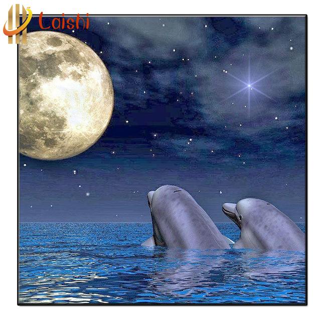 Diamentowy obraz 5D DIY zwierząt - delfin, księżycowa mozaika malarstwo pełnego koła - Wianko - 2