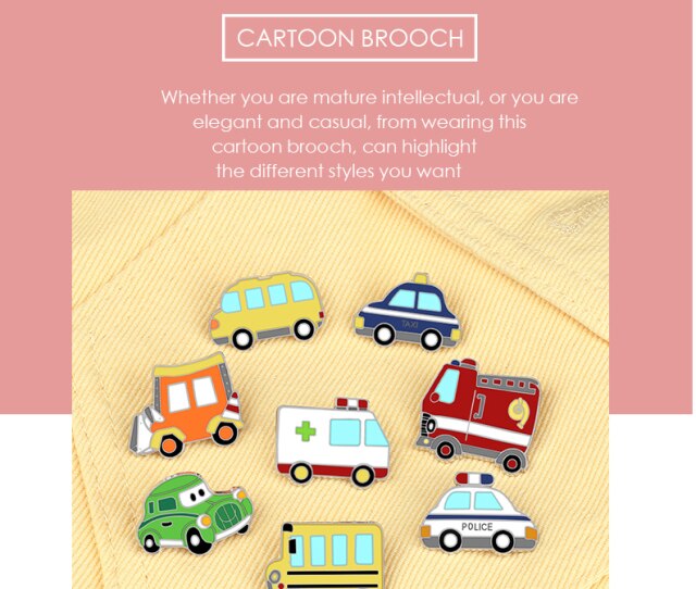 Kreatywna broszka - piękny Cartoon samochód pogotowia autobus Taxi Grab emaliowane broszki Kid tornister kapelusz odznaki dżinsy przypinki na klapę biżuteria - Wianko - 1