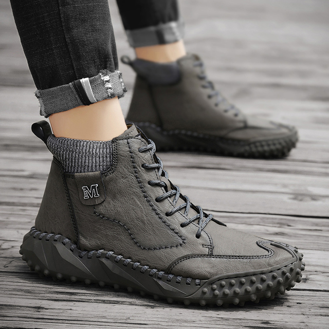 Męskie skórzane buty zimowe na co dzień, wygodne i modne botki na zewnątrz, wysokiej jakości buty trekingowe - Wianko - 27