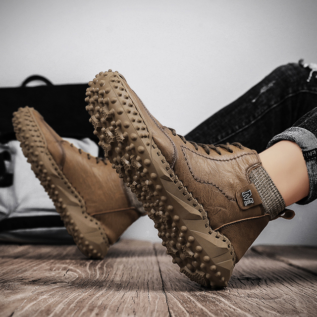 Męskie skórzane buty zimowe na co dzień, wygodne i modne botki na zewnątrz, wysokiej jakości buty trekingowe - Wianko - 22