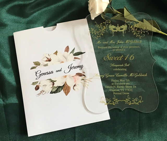 Niestandardowe 10 sztuk zaproszeń ślubnych akrylowych z eukaliptusem i złotym efektem, DIY projekt, białe zaproszenia z atramentem - białe eleganckie zaproszenia ślubne - Wianko - 1