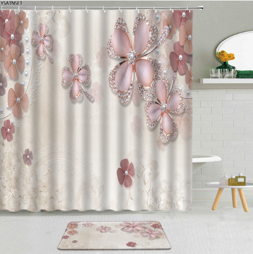 Zasłona prysznicowa 3D luksusowa z motywem kwiatowym, różowa, zestaw 2 sztuk - Wianko - 1