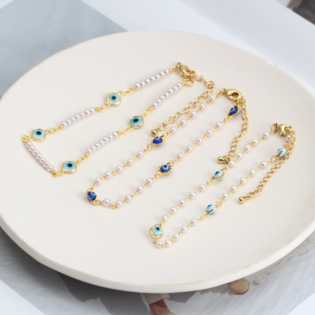 Bransoletka Lucky Eye tureckiego wzoru z regulowaną imitacją perły i niebieskimi paciorkami dla kobiet i dziewcząt - BE462 - Wianko - 4