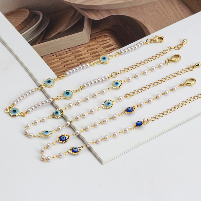 Bransoletka Lucky Eye tureckiego wzoru z regulowaną imitacją perły i niebieskimi paciorkami dla kobiet i dziewcząt - BE462 - Wianko - 3