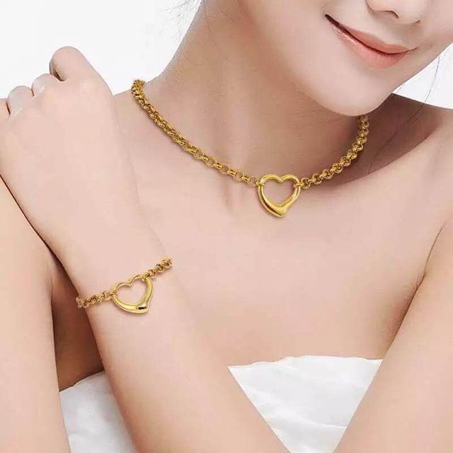 Złoty/srebrny naszyjnik bransoletka z sercem - stal nierdzewna 316L, hip hop, ciężki, duży, zestaw biżuterii dla kobiet - Wianko - 2