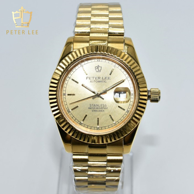 Zegarek męski PETER LEE Vintage Design 40mm mechaniczny złoty ze stali nierdzewnej, z datownikiem - Wianko - 13