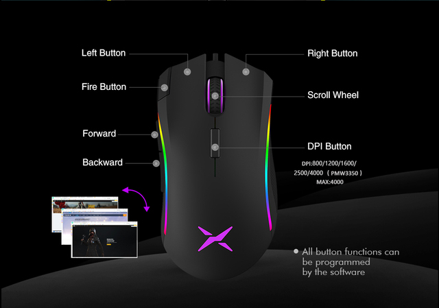 Mysz gamingowa Delux M625 A3050 z podświetleniem RGB, 4000 DPI i szybkością raportu 1000Hz. 7 programowalnych przycisków, przewodowa mysz USB dla gracza komputerowego - Wianko - 5