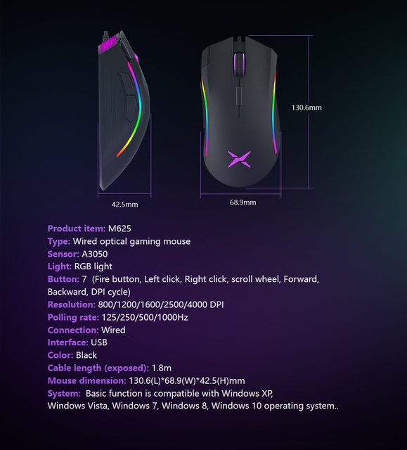 Mysz gamingowa Delux M625 A3050 z podświetleniem RGB, 4000 DPI i szybkością raportu 1000Hz. 7 programowalnych przycisków, przewodowa mysz USB dla gracza komputerowego - Wianko - 9