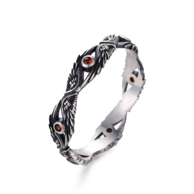 Pierścień gothic męsko-damski w stylu retro z czerwoną cyrkonią i skrzydłami - Wianko - 1
