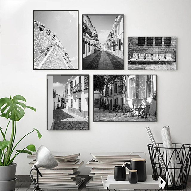 Nowoczesne miasto - czarno-białe obrazy na płótnie o tematyce architektonicznej, diabelski młyn na artystycznych plakatach Nordic - dekoracja domu - Wianko - 3