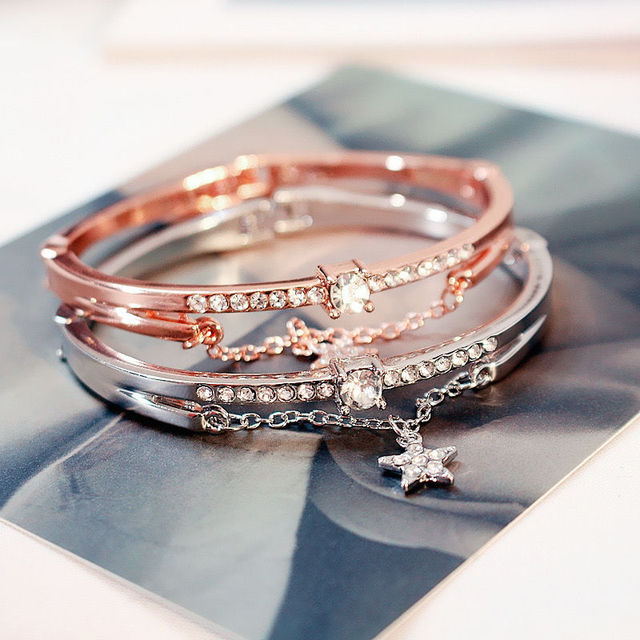 Luksusowa bransoletka w kształcie gwiazdy z różowym złotem i srebrem, ozdobiona cyrkoniami i kryształkami - Wianko - 1