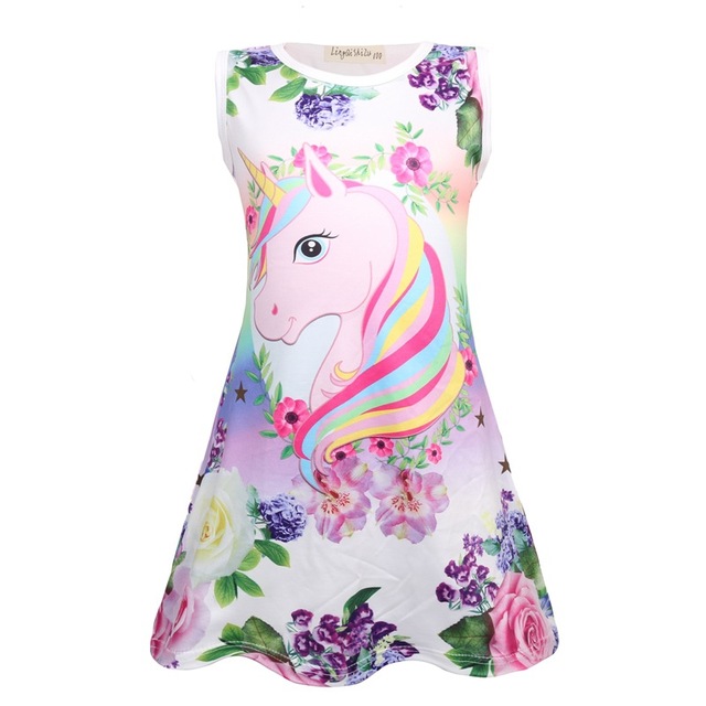 Sukienka trapezowa dla dziewczynki Lato 2019 w modnym designie jednorożca bez rękawów - Wianko - 11