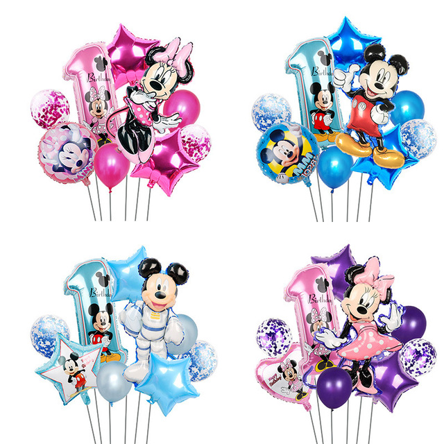 Balony jednorazowe Mickey Mouse do dekoracji urodzinowych dla dzieci – czerwone talerze, serwetki i ozdoby na wierzch tortu - Wianko - 1