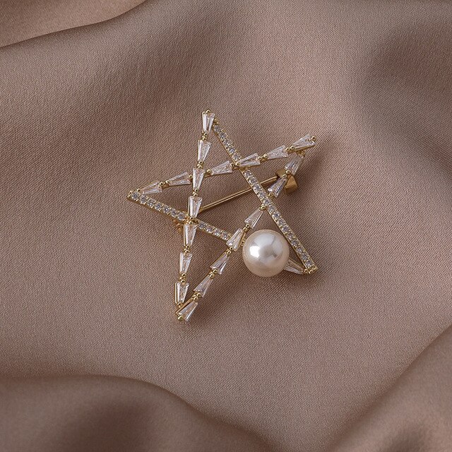 Broszka metalowa pięcioramienna gwiazda z imitacją perły i cyrkoniami - damska odznaka, popularny dodatek imprezowy - Wianko - 14