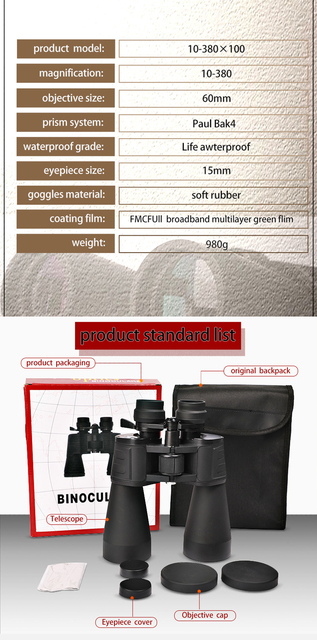 Profesjonalna lornetka o powiększeniu 10-60 razy - 10-380X100 - wodoodporna lornetka dalekiego zasięgu BAK4 teleskop myśliwski - Wianko - 3