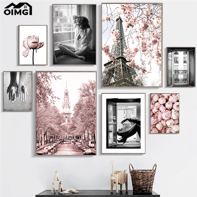 Naklejka z piórem, czarne białe ręce, plakat z kwiatami wiśniowymi i wieżą paryską, obraz kobiety w oknie, print na płótnie – Home Decor - Wianko - 6