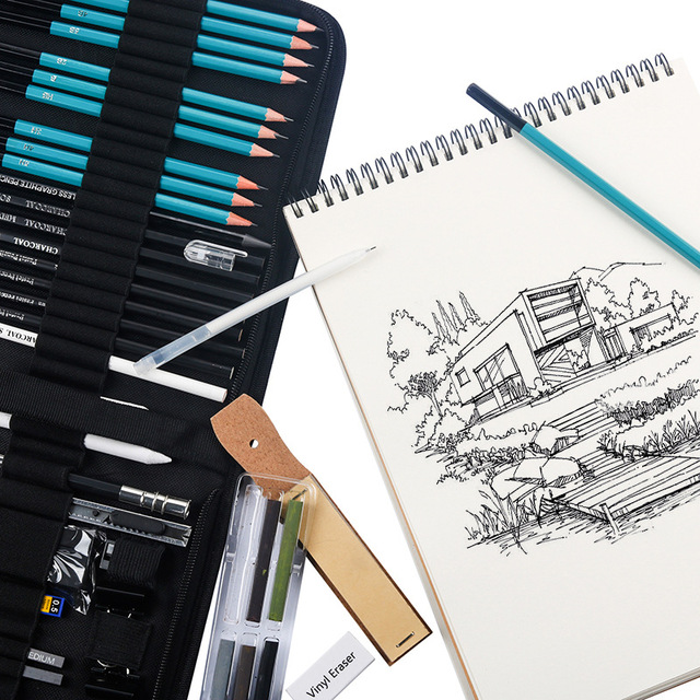 Zestaw 50 sztuk narzędzi do szkicowania: metalowe pióro, długopis, karbonowy ołówek, wysoki połysk - Wianko - 6