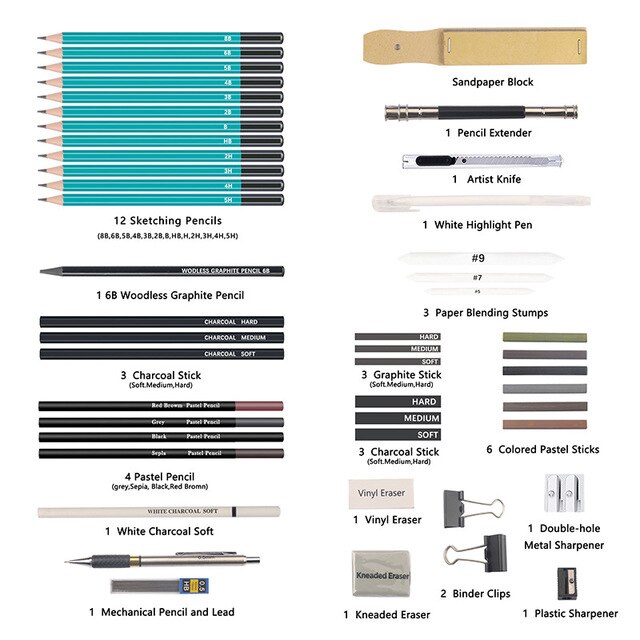 Zestaw 50 sztuk narzędzi do szkicowania: metalowe pióro, długopis, karbonowy ołówek, wysoki połysk - Wianko - 9
