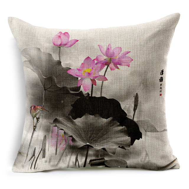 Poszewka na poduszkę 45x45 cm - dekoracyjna czarna z motywem kwiatu lotosu - Wianko - 3