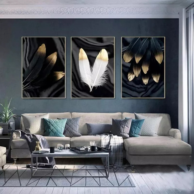 Nowoczesne czarno-białe piórko płótno: złote piórka nordic wall art w połączeniu drukują obraz na wystrój salonu - Wianko - 8
