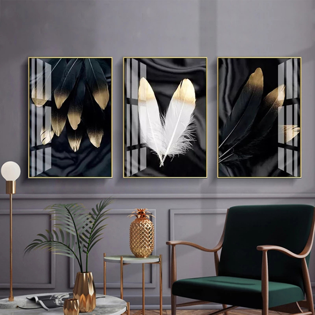 Nowoczesne czarno-białe piórko płótno: złote piórka nordic wall art w połączeniu drukują obraz na wystrój salonu - Wianko - 2