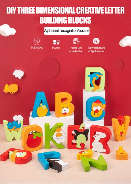 Drewniane 3D Puzzle - tęczowe litery alfabetu | Zabawka Montessori dla dzieci w wieku przedszkolnym - Wianko - 1
