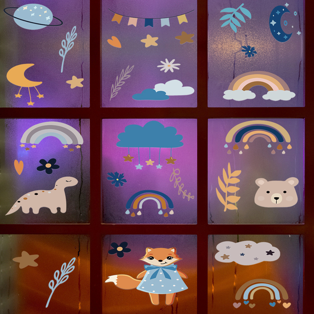 Naklejka ścienna dla dzieci w stylu kreskówki - tęczowa chmura, dinozaury, gwiazdy, księżyc - Wianko - 2