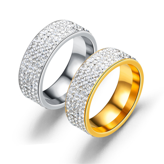Pierścień obrączki ze stali nierdzewnej z 5 rzędami jasnych kryształów dla kobiet - Wianko - 1