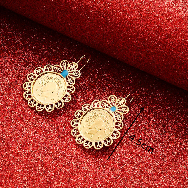 Kolczyki wiszące - Pusta ramka Iran monety kobiety Hoop złoty kolor biżuteria arabski bliski wschód - Wianko - 3