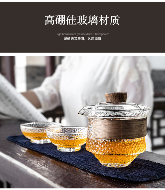 Zestaw herbaty HMLOVE z 3 sztukami wysokiego boru krzemu, 2 kubkami Gaiwan, matowym przezroczystym szkłem, poręczną podróżną wazą Teaware ceremonia 200Ml - Wianko - 3