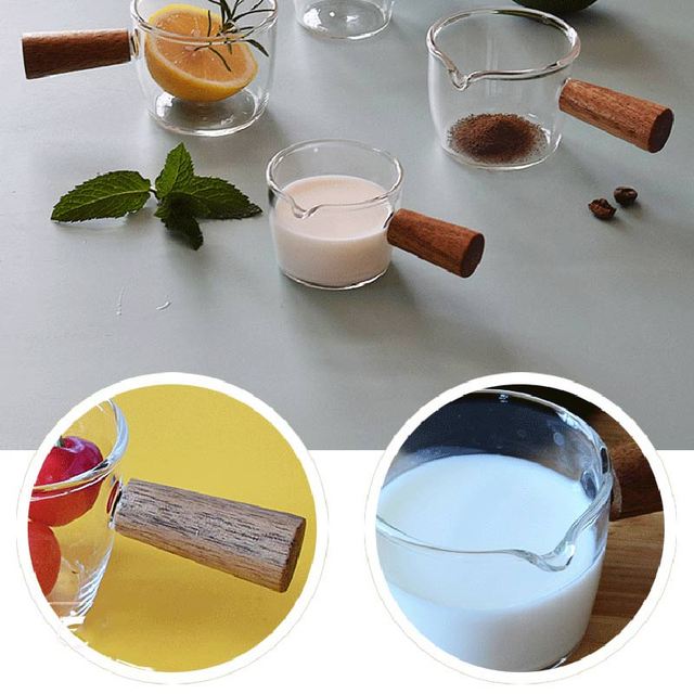 Dzbanek na mleko z wytrzymałym i odpornym na ciepło szklanym kubkiem oraz drewnianą rączką - Wianko - 2