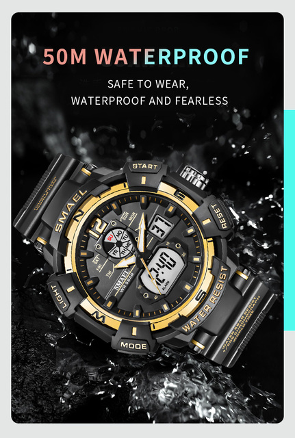 SMAEL zegarek kwarcowy dla mężczyzn z podwójnym czasem cyfrowym, świetliste dłonie LED, budzik i 5 ATM wodoodporność - Wianko - 9