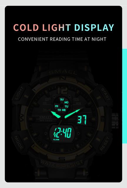 SMAEL zegarek kwarcowy dla mężczyzn z podwójnym czasem cyfrowym, świetliste dłonie LED, budzik i 5 ATM wodoodporność - Wianko - 7