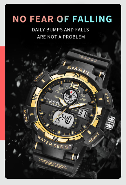 SMAEL zegarek kwarcowy dla mężczyzn z podwójnym czasem cyfrowym, świetliste dłonie LED, budzik i 5 ATM wodoodporność - Wianko - 8