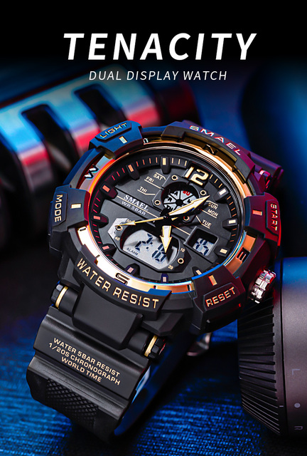 SMAEL zegarek kwarcowy dla mężczyzn z podwójnym czasem cyfrowym, świetliste dłonie LED, budzik i 5 ATM wodoodporność - Wianko - 4