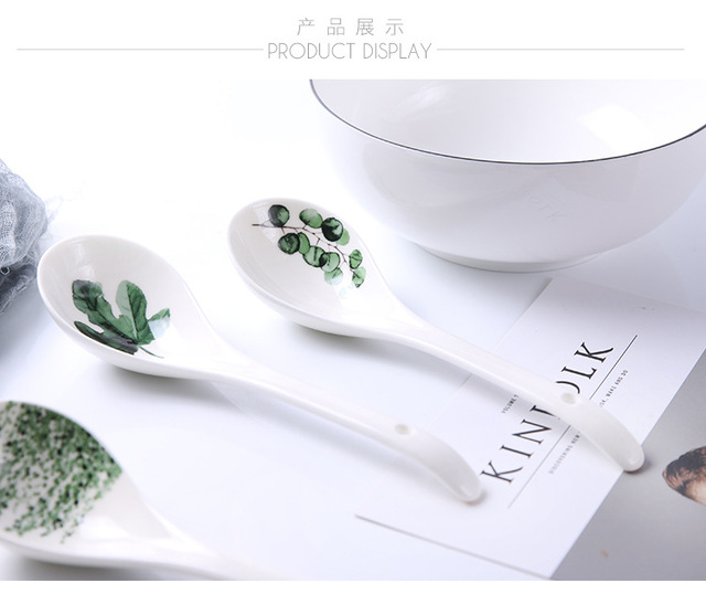 Ceramiczna łyżka do zupy skandynawska, kolor zielony, długość 22.5cm, wzór rośliny - Wianko - 21