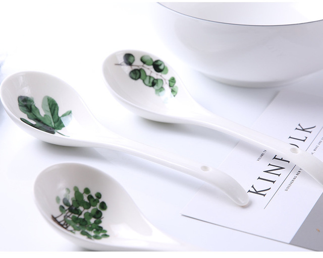 Ceramiczna łyżka do zupy skandynawska, kolor zielony, długość 22.5cm, wzór rośliny - Wianko - 16