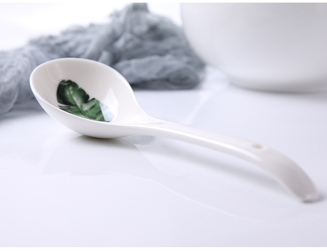 Ceramiczna łyżka do zupy skandynawska, kolor zielony, długość 22.5cm, wzór rośliny - Wianko - 20