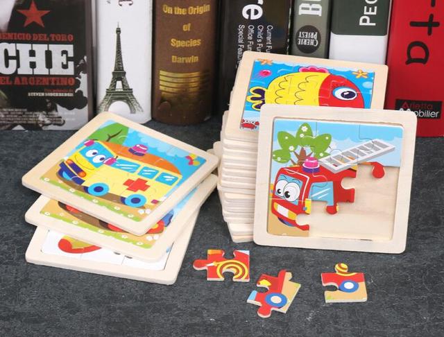 Zestaw 4 sztuk drewnianych puzzli 3D dla dzieci - Puzzle edukacyjne Baby Cartoon zwierząt/ruchu - Wianko - 3