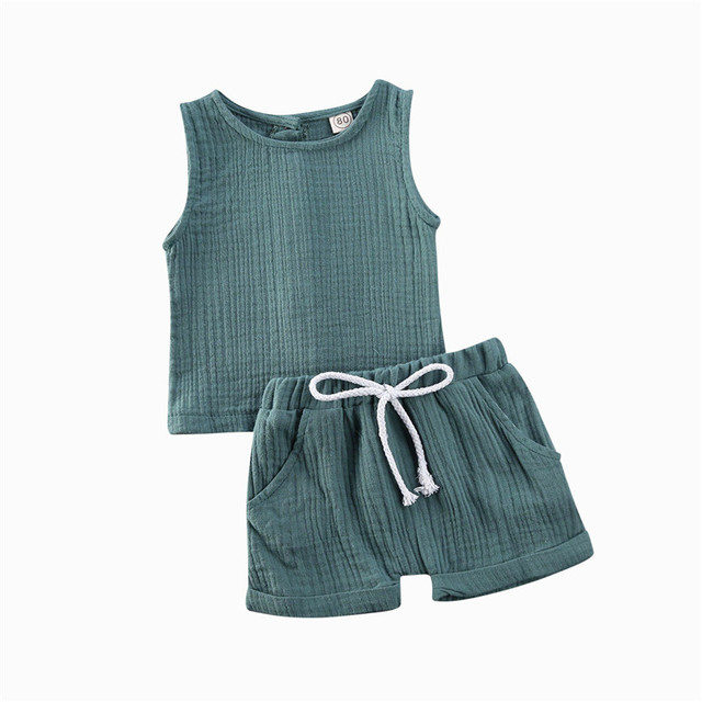 PUDCOCO Zestaw letnich ubrań dla dzieci (6M-4Y) - kamizelka, topy, krótkie spodenki z bawełny i lnu - Wianko - 5