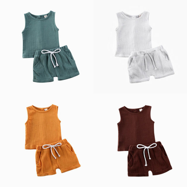 PUDCOCO Zestaw letnich ubrań dla dzieci (6M-4Y) - kamizelka, topy, krótkie spodenki z bawełny i lnu - Wianko - 2