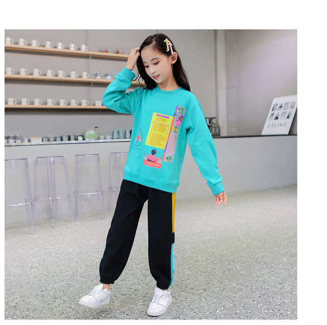 Dwuczęściowy garnitur sportowy dla dzieci - dziewczyna z długim rękawem, 2pc zestaw: koszulka z literami i spodnie dresowe - rozmiary od 4 do 14 - Wianko - 17