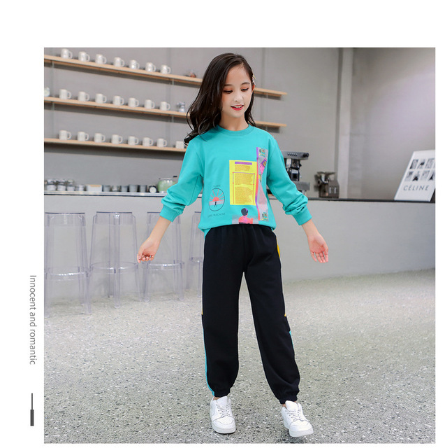 Dwuczęściowy garnitur sportowy dla dzieci - dziewczyna z długim rękawem, 2pc zestaw: koszulka z literami i spodnie dresowe - rozmiary od 4 do 14 - Wianko - 21