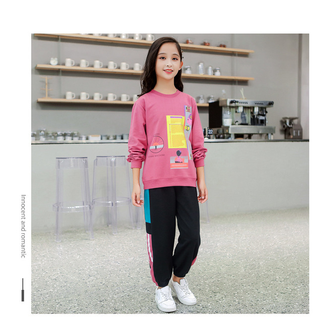 Dwuczęściowy garnitur sportowy dla dzieci - dziewczyna z długim rękawem, 2pc zestaw: koszulka z literami i spodnie dresowe - rozmiary od 4 do 14 - Wianko - 7
