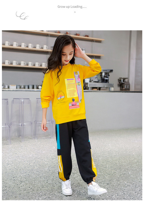 Dwuczęściowy garnitur sportowy dla dzieci - dziewczyna z długim rękawem, 2pc zestaw: koszulka z literami i spodnie dresowe - rozmiary od 4 do 14 - Wianko - 11